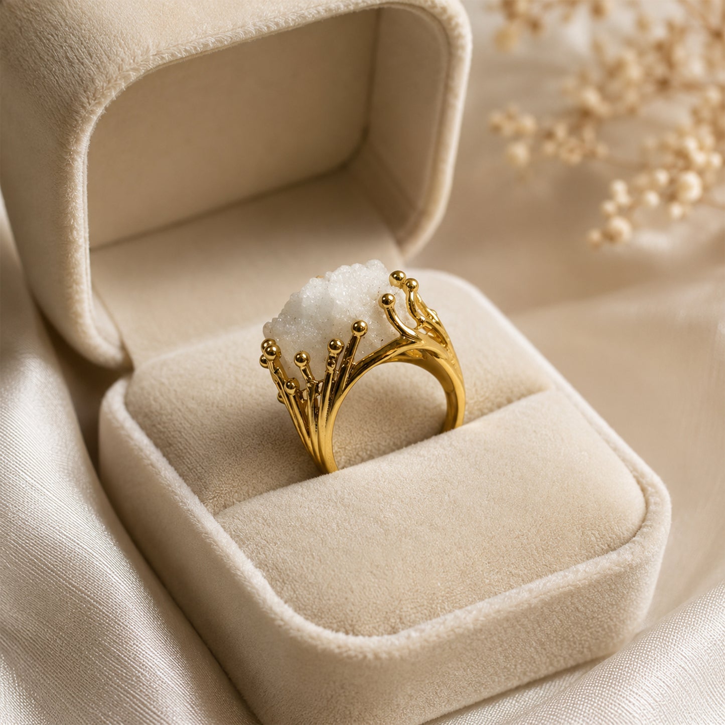 Raw Clear Quartz Ring, Adjustable Gold-Plated Finger Ring