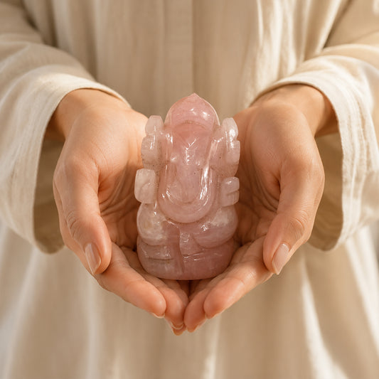 Natural Rose Quartz Hand Carved Ganesha Idol